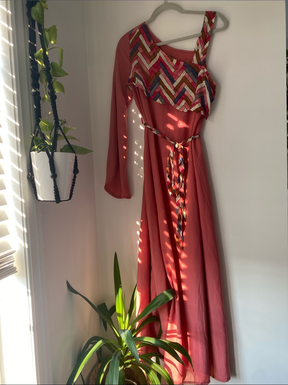 SHEIN Coral One-Shoulder Maxi Dress with Multicolor Embellished Bodice